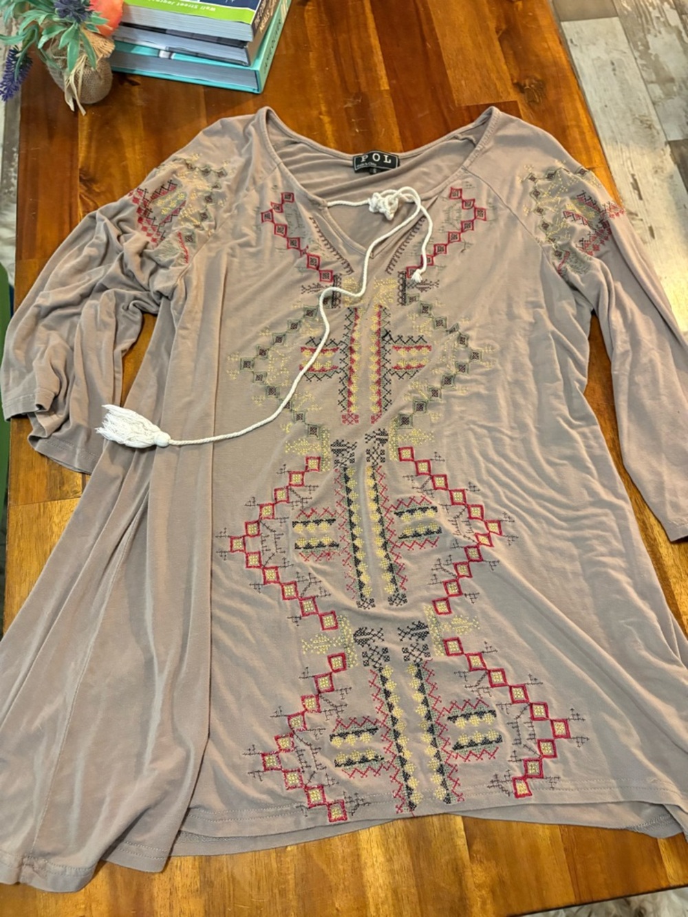 POL Taupe Embroidered Boho Tunic with Multicolor Detailing